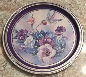 Giftco Round Metal Serving Tray Purple Hummingbird With Flowers, 13.5"